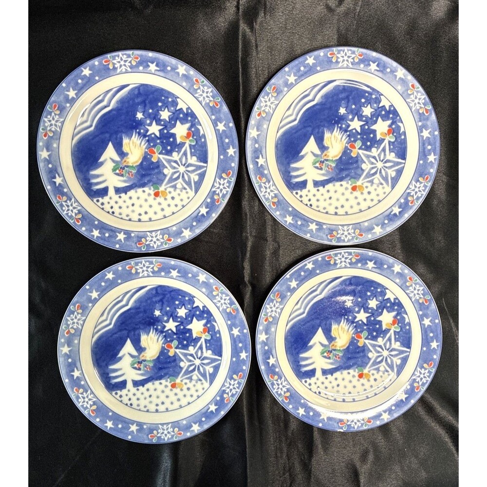 Epoch By Noritake Mr Snowman 4 Salad Dessert Plates 7.5" Blue White Dove Winter